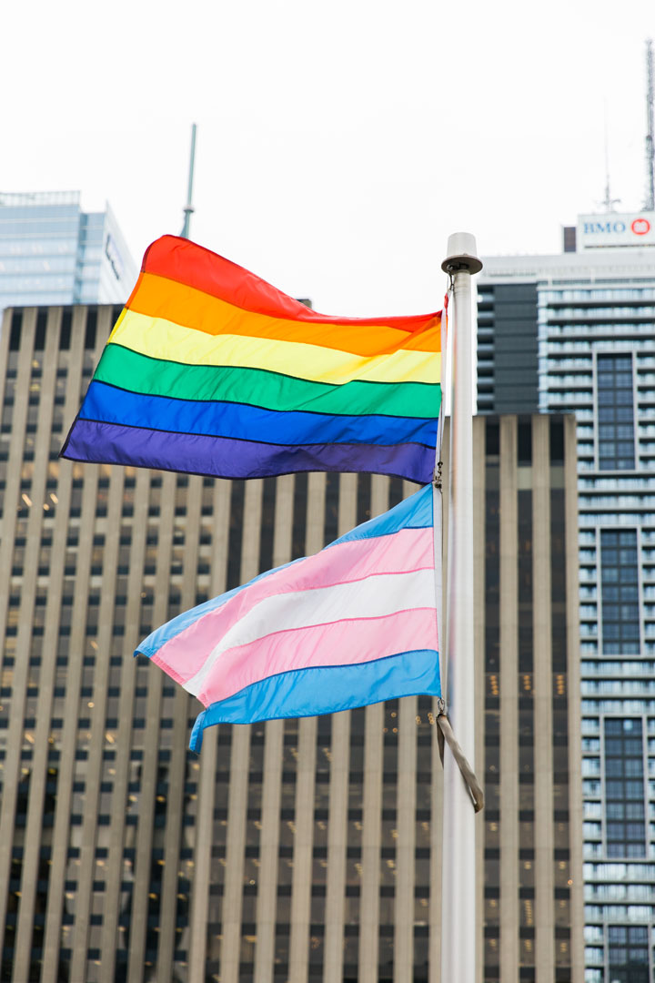 The LGBTQ and Tran Flag hoisted to on a pole