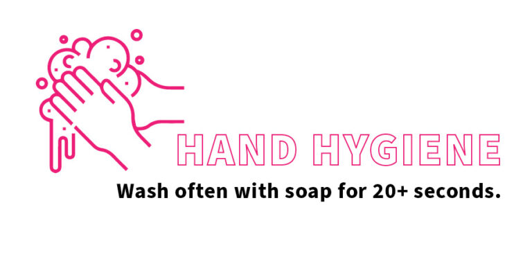 A graphic about hand washing. Hand Hygiene. Wash often with soap for 20 plus seconds