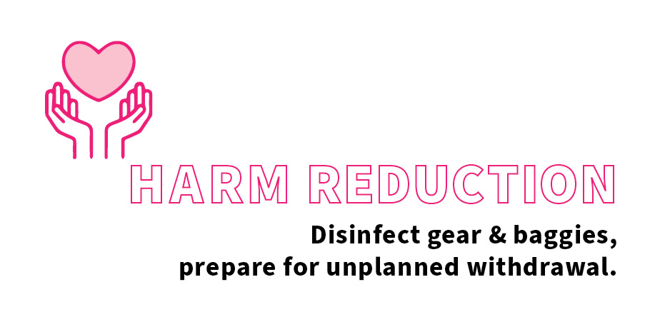 A graphic of a hand and a heart. Harm Reduction. Disinfect gear & Baggies, Prepare for Unplanned Withdrawal