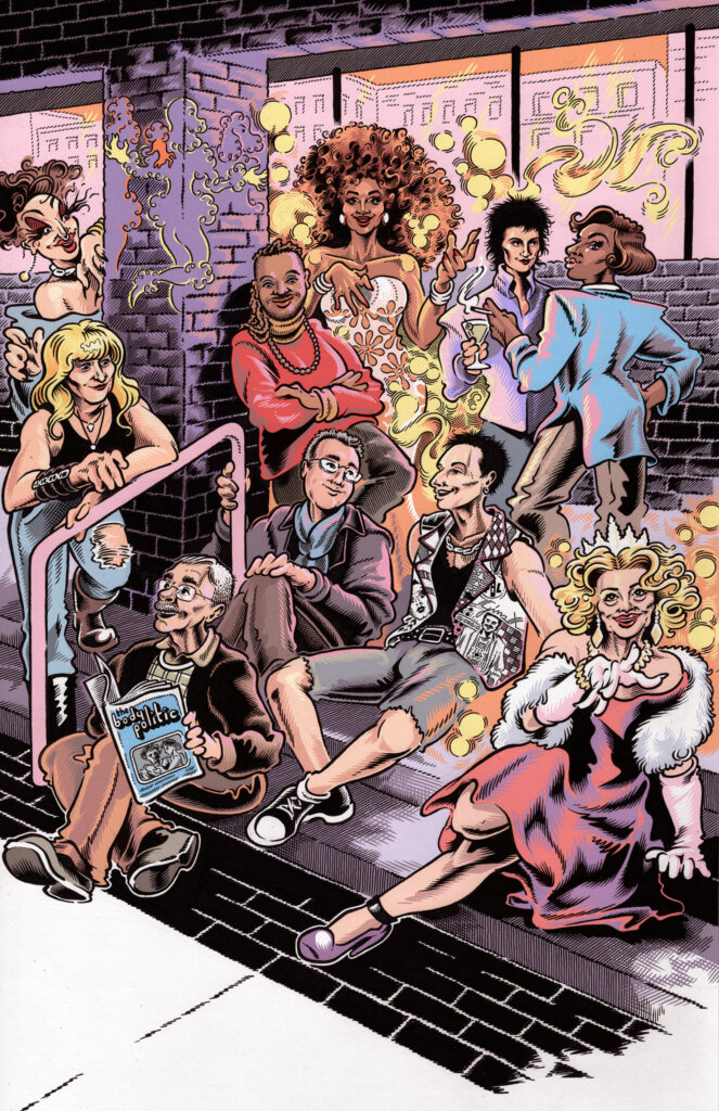 (Left to right) Mikiki, Patricia Wilson, Gerald Hannon, Syrus Marcus Ware, RM Vaughan, Michelle Ross, Will Munro, Carole Pope, Jackie Shane, Michelle DuBarry