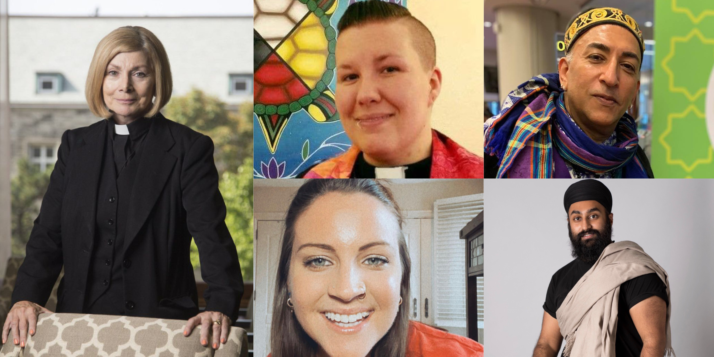 On the Left Cheri DiNovo, Middle top, Rev. Evan Swance-Smith (Urban Native Ministry) Top Right, El-Farouk Khaki (Salaam: Queer Muslim Community), Middle Bottom, Jess Burke (CIJA), Bottom Right Sardar. Jodh Singh (founder of the Queer Sikh Network).