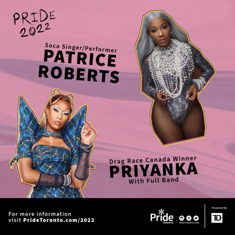 Patrice Roberts and Priyanka graphic on pink background with Pride Toronto and TD logos.
