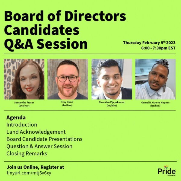 Pride Toronto Board of Directors Candidates Q&A Session Poster