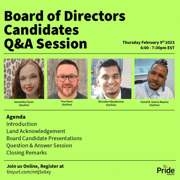 Board candidates q&a session graphic Pride Toronto Board of Directors Candidates Q&A Session Poster